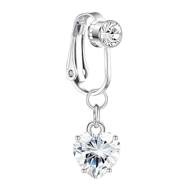 Clip-On Faux Belly Button Rings for Women & Girls – Non-Piercing Navel Jewelry in Silver with Heart & Evil Eye CZ Charms – Hypoallergenic 316L Stainless Steel"