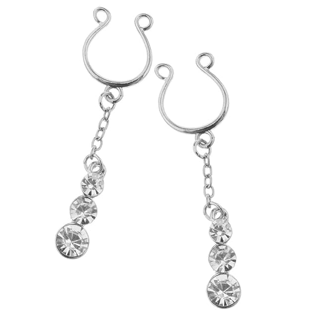 "2Pcs Non-Piercing Tassel Nipple Rings – Clip-On Stud Shields with Long Dangle Design, Chic & Pain-Free Body Jewelry for Women"