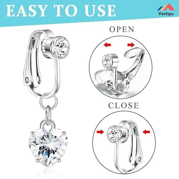 Clip-On Faux Belly Button Rings for Women & Girls – Non-Piercing Navel Jewelry in Silver with Heart & Evil Eye CZ Charms – Hypoallergenic 316L Stainless Steel"