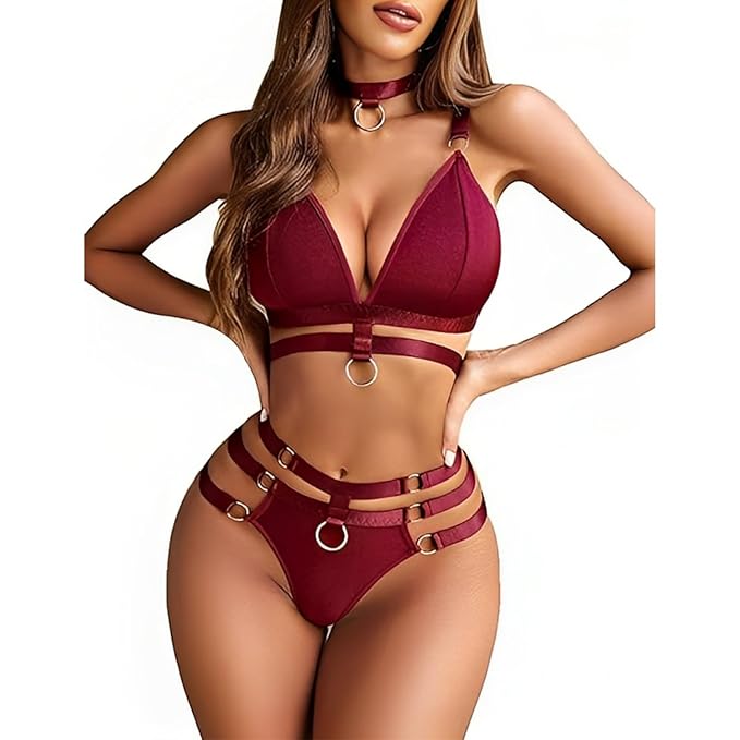Women's Babydoll Lingerie Set – O-Ring Linked Cut-Out Choker Bra & Panty Set | Honeymoon, Valentine Gift, Bondage-Inspired Nightwear