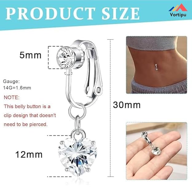 Clip-On Faux Belly Button Rings for Women & Girls – Non-Piercing Navel Jewelry in Silver with Heart & Evil Eye CZ Charms – Hypoallergenic 316L Stainless Steel"