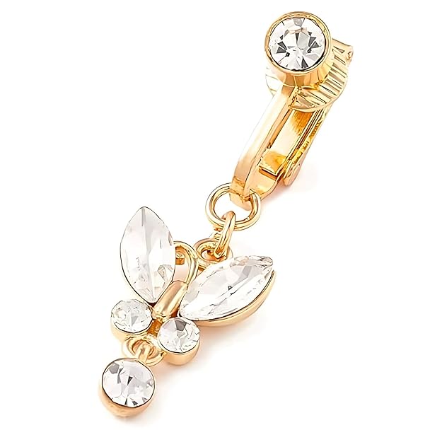 "Butterfly Charm Clip-On Belly Button Ring – No Piercing Needed Navel Jewelry for Women & Girls – 1 Pc (BB0106), Brass"