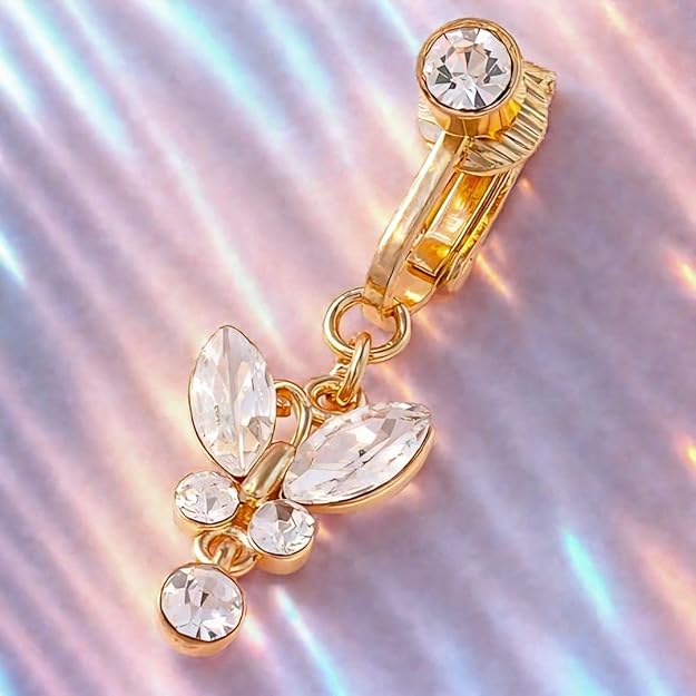"Butterfly Charm Clip-On Belly Button Ring – No Piercing Needed Navel Jewelry for Women & Girls – 1 Pc (BB0106), Brass"