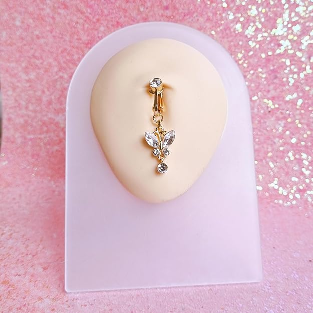 "Butterfly Charm Clip-On Belly Button Ring – No Piercing Needed Navel Jewelry for Women & Girls – 1 Pc (BB0106), Brass"