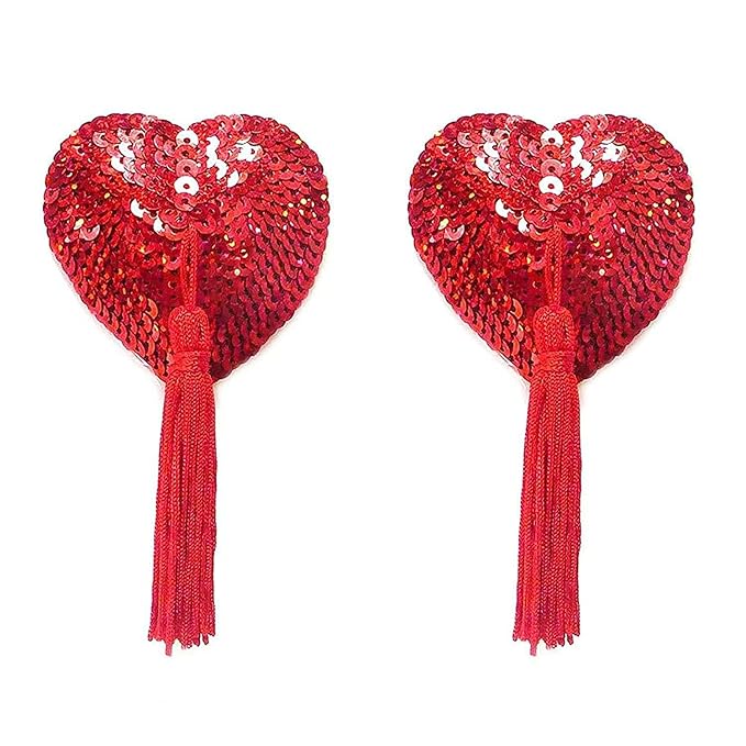 Nipple Cover with Tassel Shiny Sequin Women Nipple Pasties Bra Reusable Silicone Heart-Shaped Nipple Cover