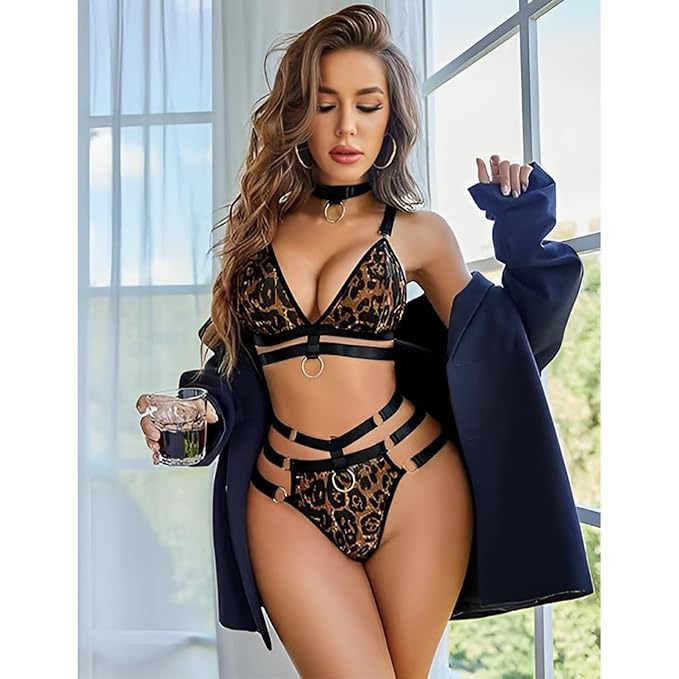 Women's Babydoll Lingerie Set – O-Ring Cut-Out Choker Bra & Panty | Bondage-Inspired Honeymoon & Valentine Gift Nightwear