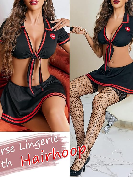 Sexy Nurse Costume for Women – Roleplay Lingerie Set with Tie-Up Top & Mini Pleated Skirt | Cosplay Outfit (Size S to XL)