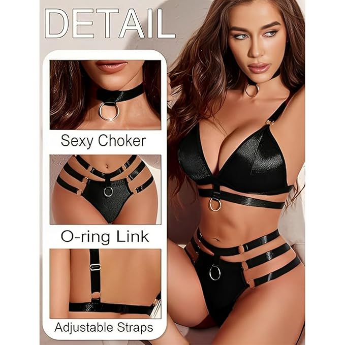 Women's Babydoll Lingerie Set – O-Ring Linked Cut-Out Choker Bra & Panty Set | Honeymoon, Valentine Gift, Bondage-Inspired Nightwear