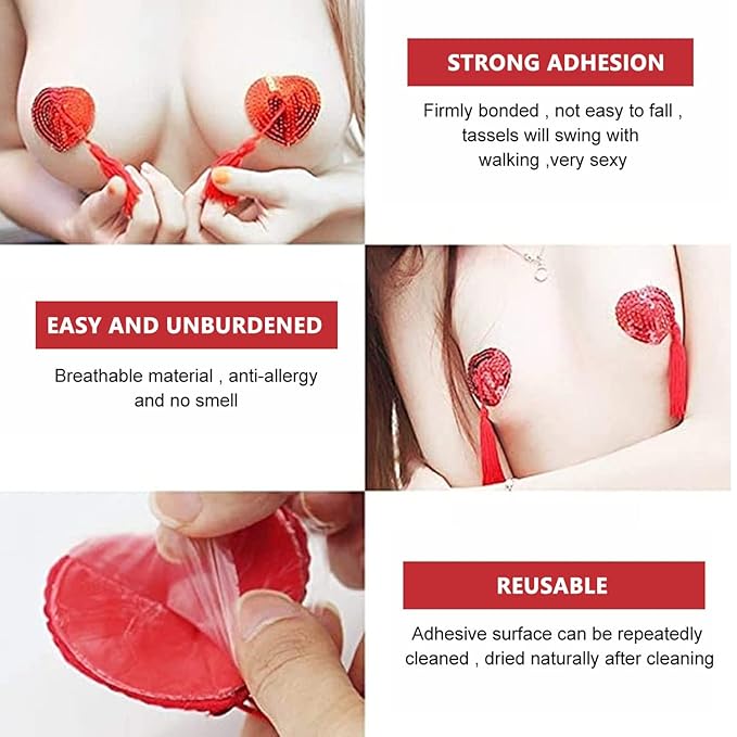 Nipple Cover with Tassel Shiny Sequin Women Nipple Pasties Bra Reusable Silicone Heart-Shaped Nipple Cover