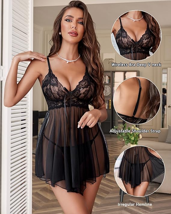 Women's Hot Lace Lingerie Set β Strappy Teddy Babydoll with Net Bikini & Panty | Honeymoon & Romantic Nightwear