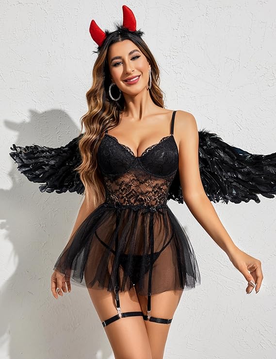 Lace Babydoll Lingerie Set for Women – Wire-Free Nightwear with Garter & Chain Detail | Sexy Sleepwear for Romantic Nights