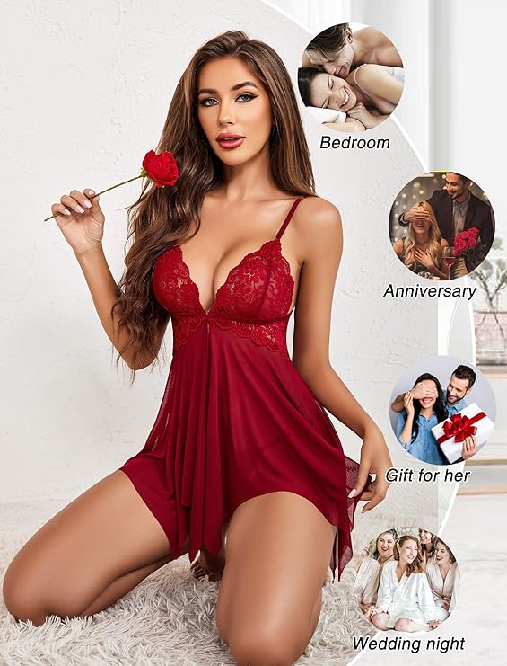 Women's Lace Babydoll Nightwear – V-Neck Lingerie with Front Closure | Romantic Chemise for Wife or Girlfriend | Valentine, Christmas, Festival Special